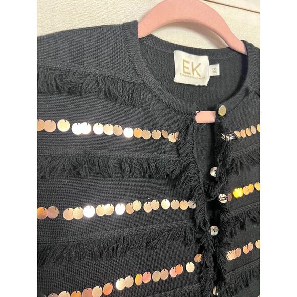 EK Edinburch Knitwear Size XS Black Button Up Cardigan Fray and Gold Detailing - Picture 7 of 8